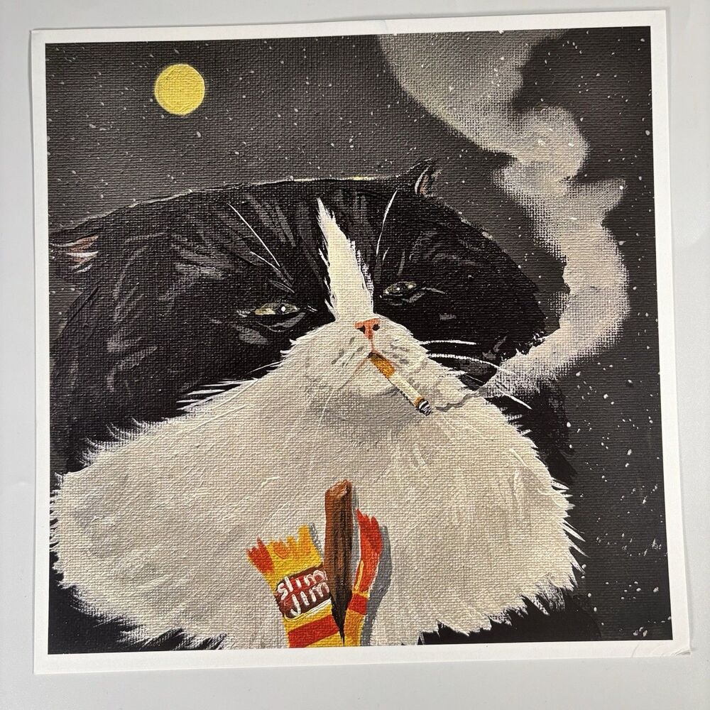 Wall Decor Art Grumpy Smoking Cat Print Funny Humor Moon Night Slim Jim Kitty